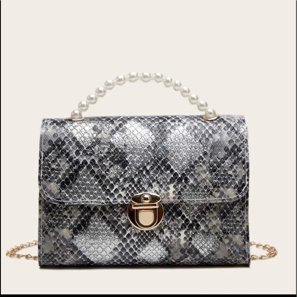 Snakeskin Print Satchel Bag w/ Pearl